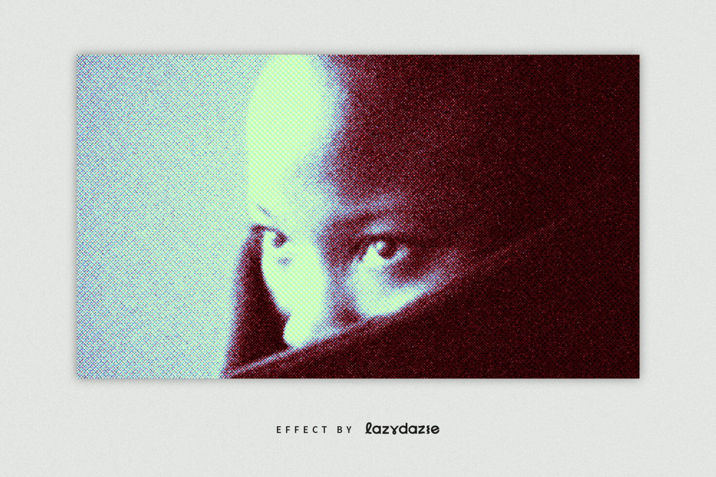 Profile portrait with neon cyan to dark red halftone gradient effect