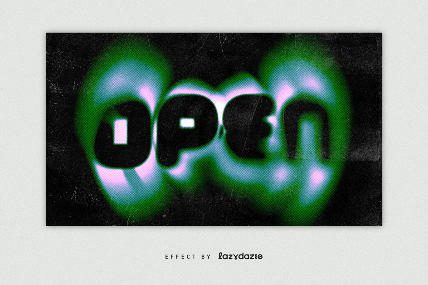Open text in bright cyan pink green glowing neon with heavy grain texture