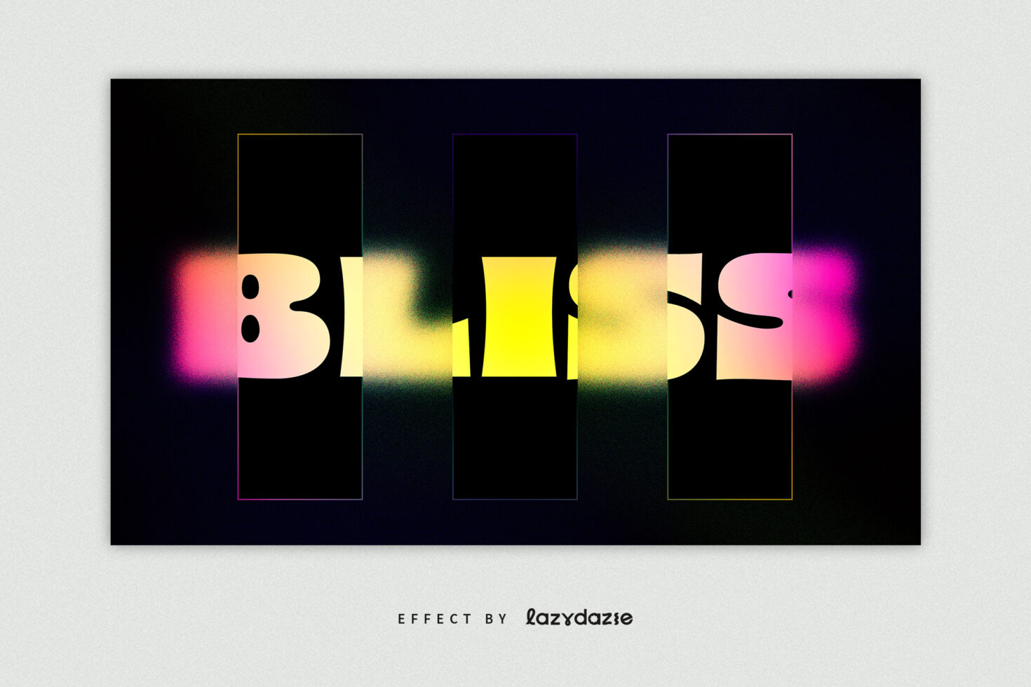 Bliss text with glowing color boxes layout on dark background mockup