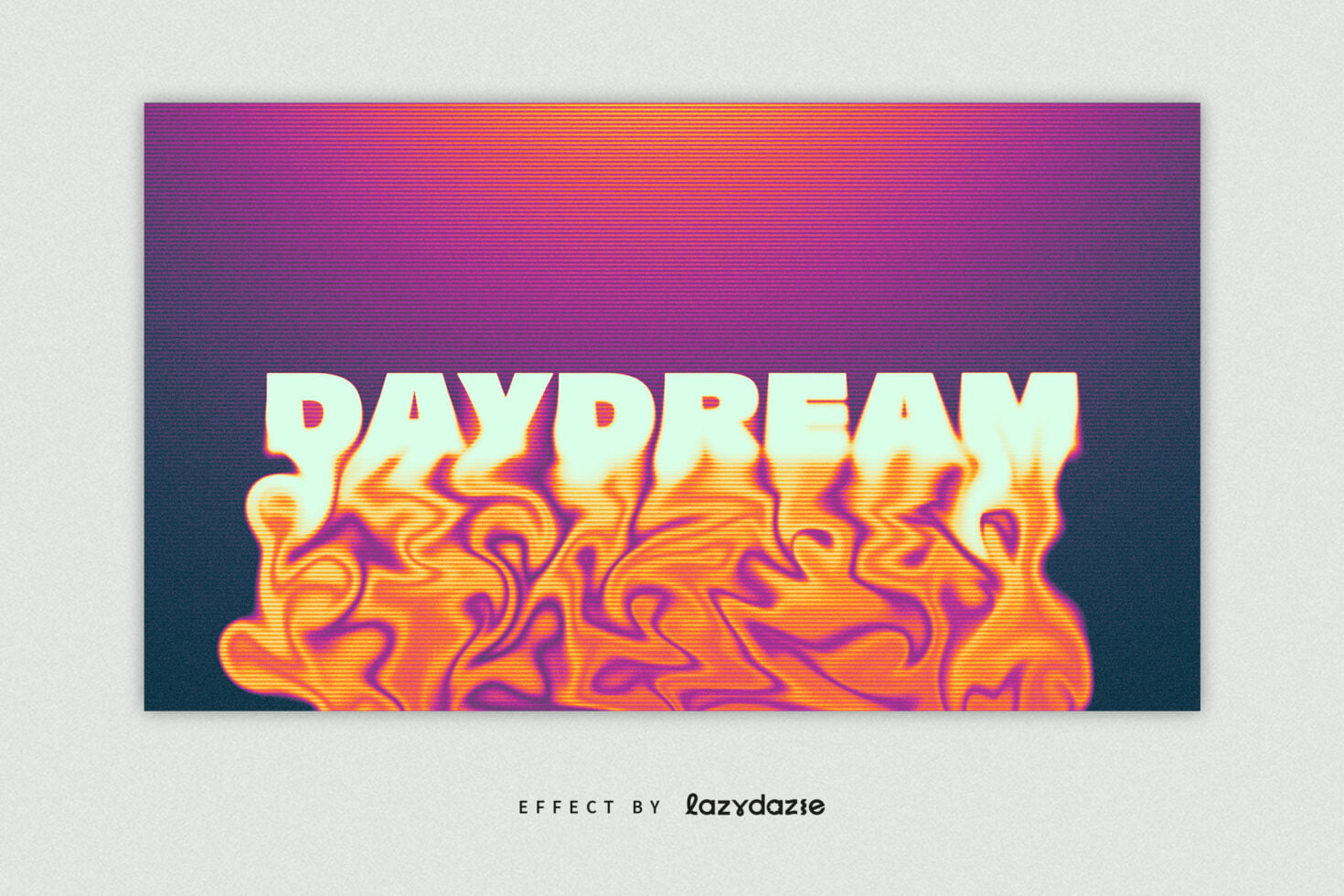 DAYDREAM text in cream with liquid orange purple psychedelic pattern below on gradient background