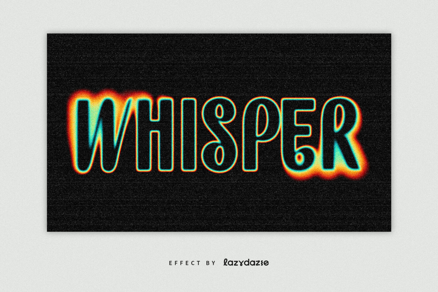 Neon glow text WHISPER in orange cyan outline on black textured background