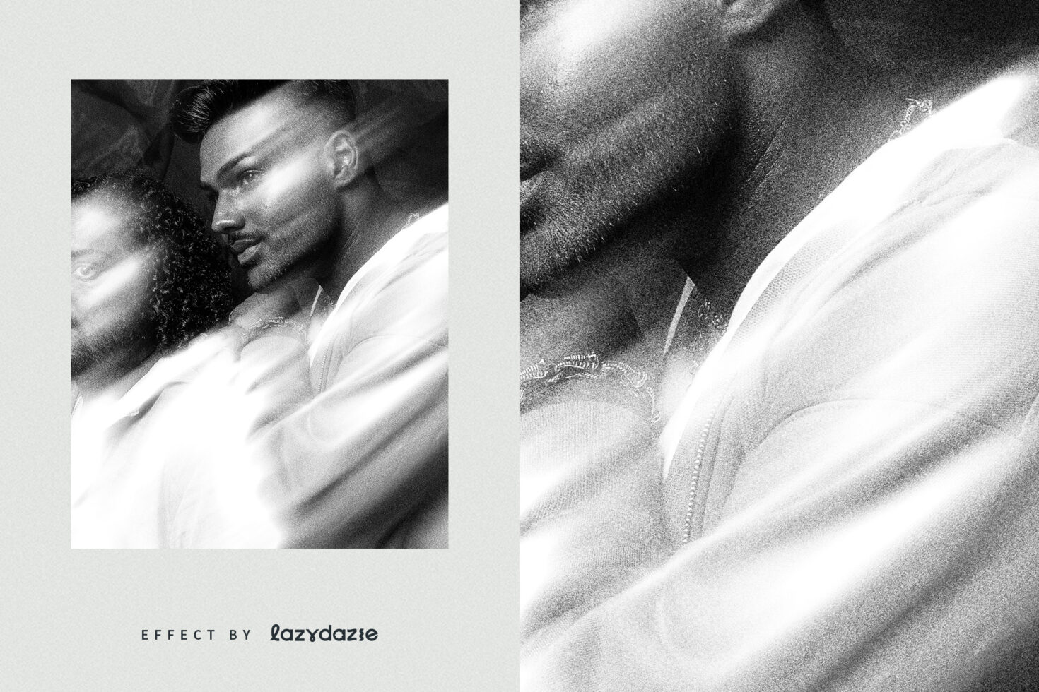 Black-and-white photo layout with two closeups of shirtless men