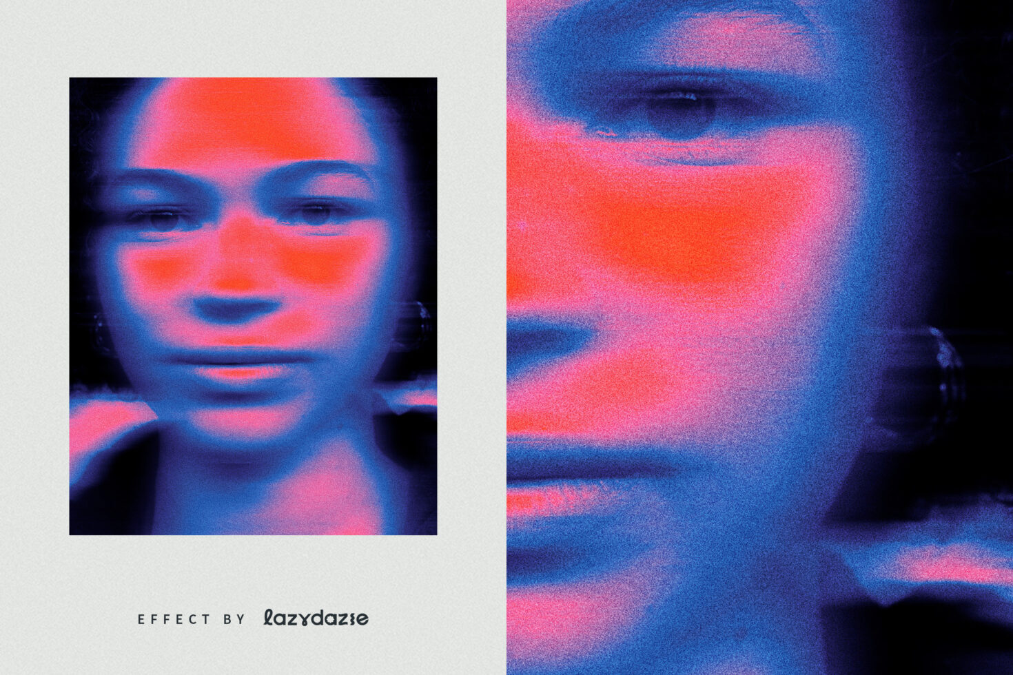 Thermal neon effect split showing full face plus grainy closeup mouth