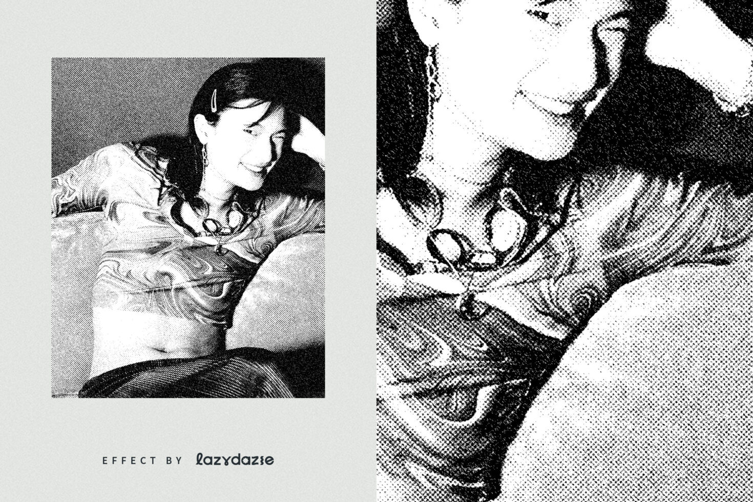 Split screen halftone portrait girl with headphones on left, pixelated close-up right