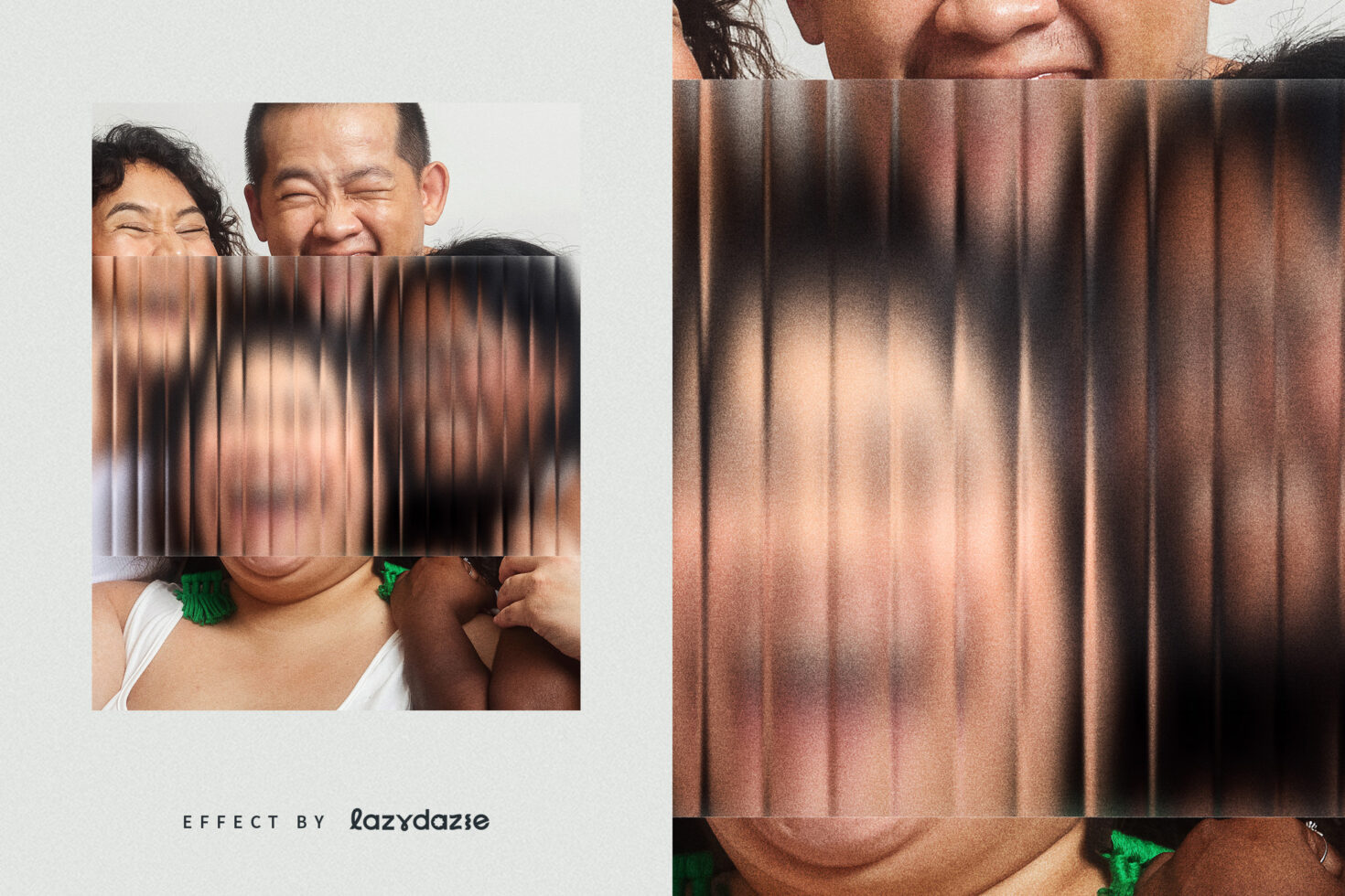Two people with arms around each other, left side has vertical line scan effect overlay