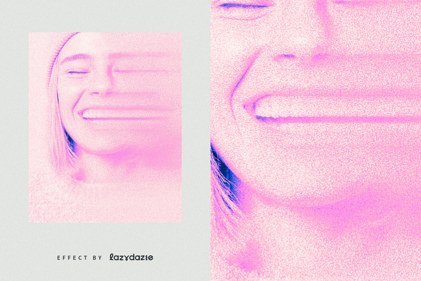 Two portraits with grainy pink noise overlay, one profile one close-up of smiling face