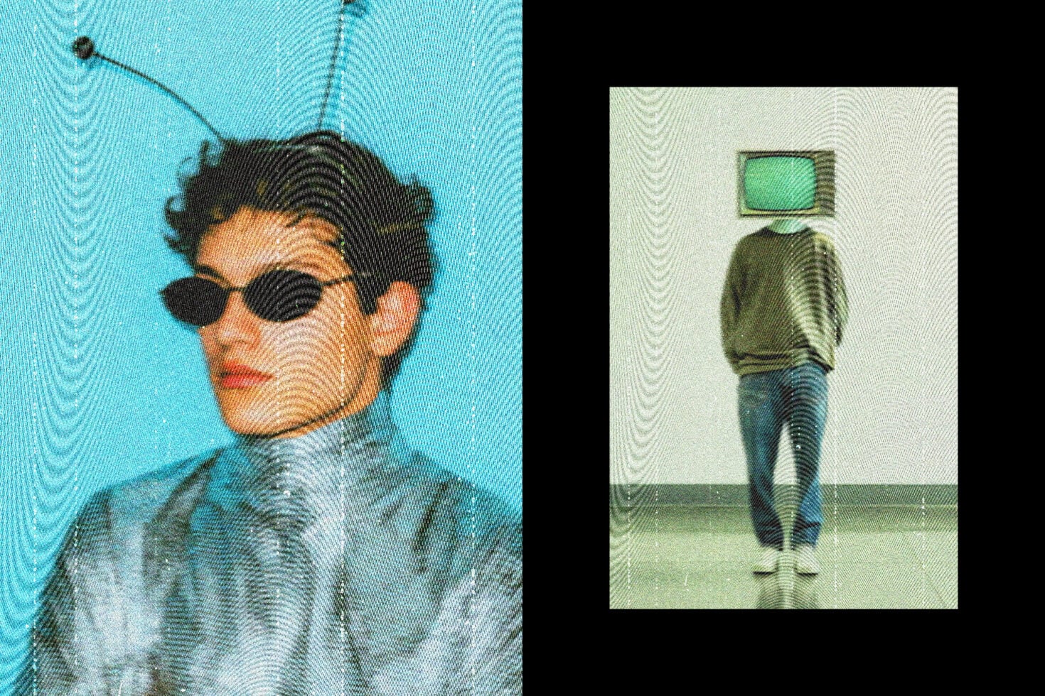 Two scanline distorted portraits showing person with antenna effect
