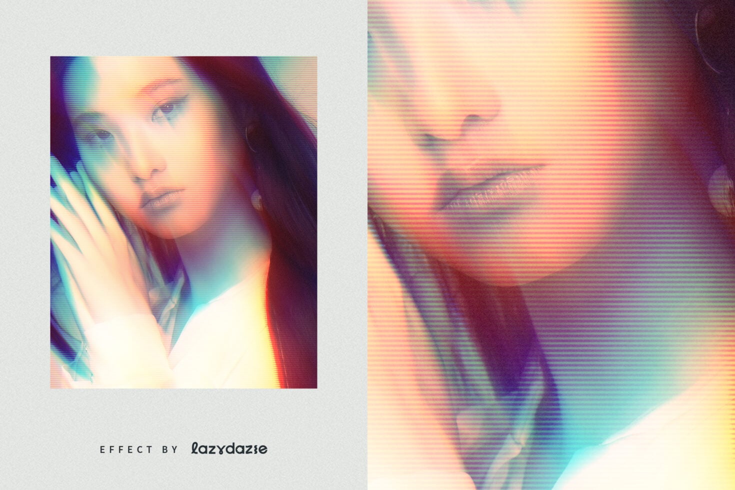Portrait with horizontal scan lines, rainbow chromatic shift, blurred face