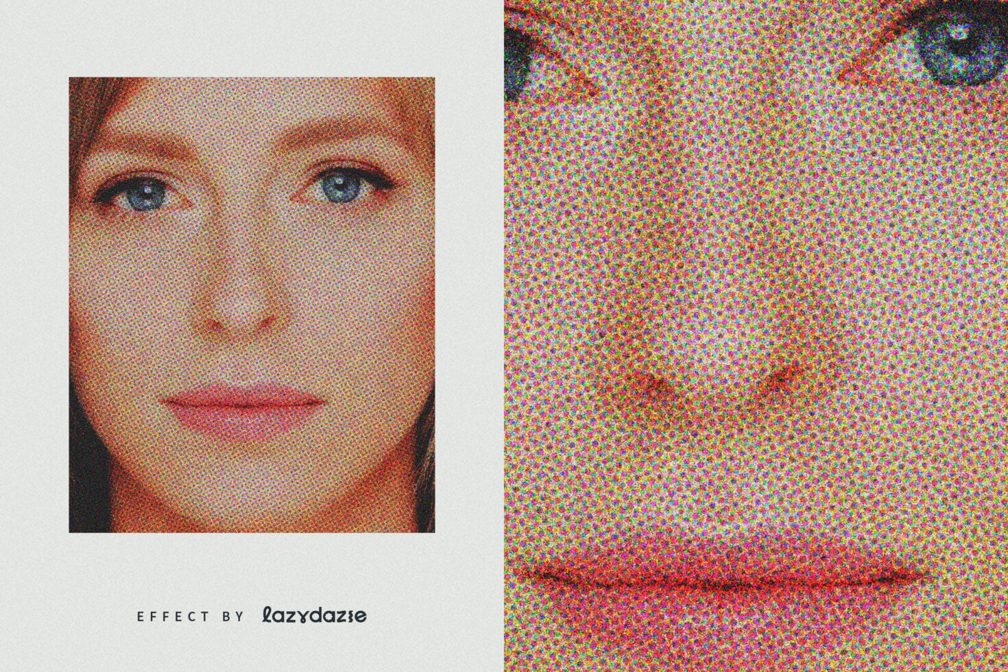 Halftone portrait effect for designers showcasing a close-up face with a vibrant dot pattern. Ideal for creating retro graphics and pop art designs.