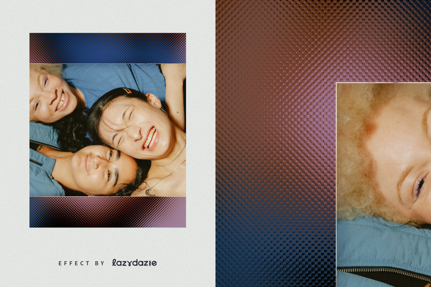 Polaroid-style frame with group photo, mesh texture background in blue to purple