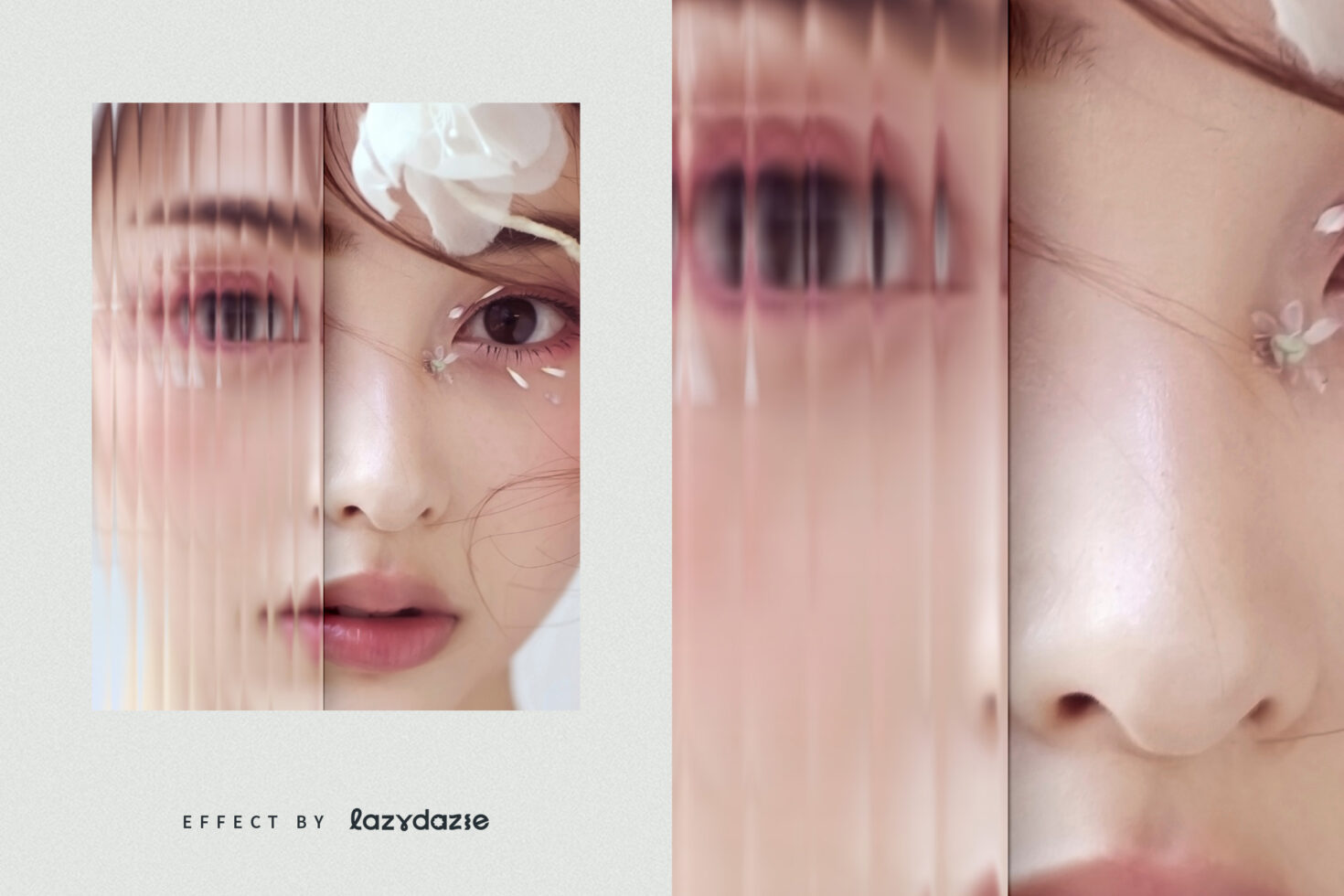 Close-up portrait split with vertical line distortion effect over face