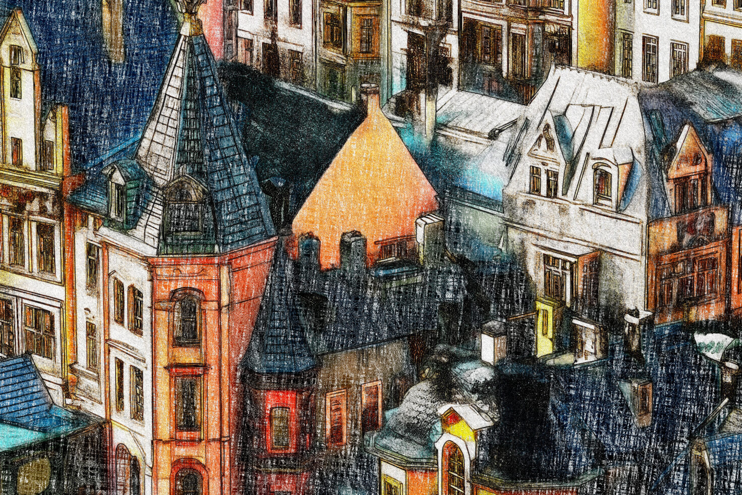 Detailed colorful hand-drawn cityscape with ornate buildings, towers, snow coverage