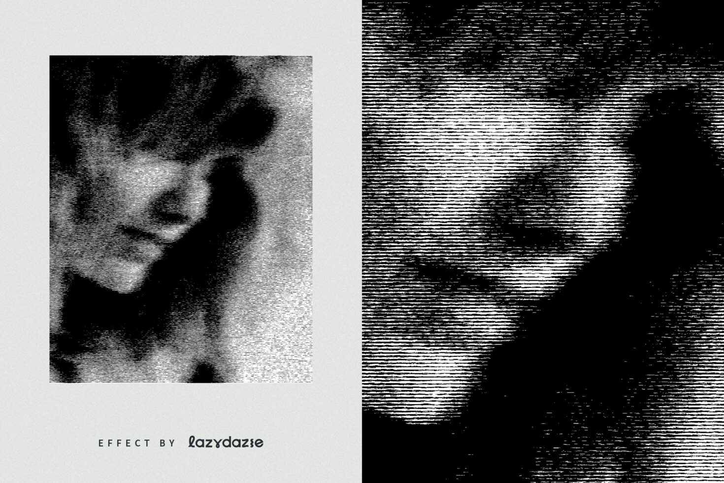Split composition with grainy profile left, horizontal scanlines texture right