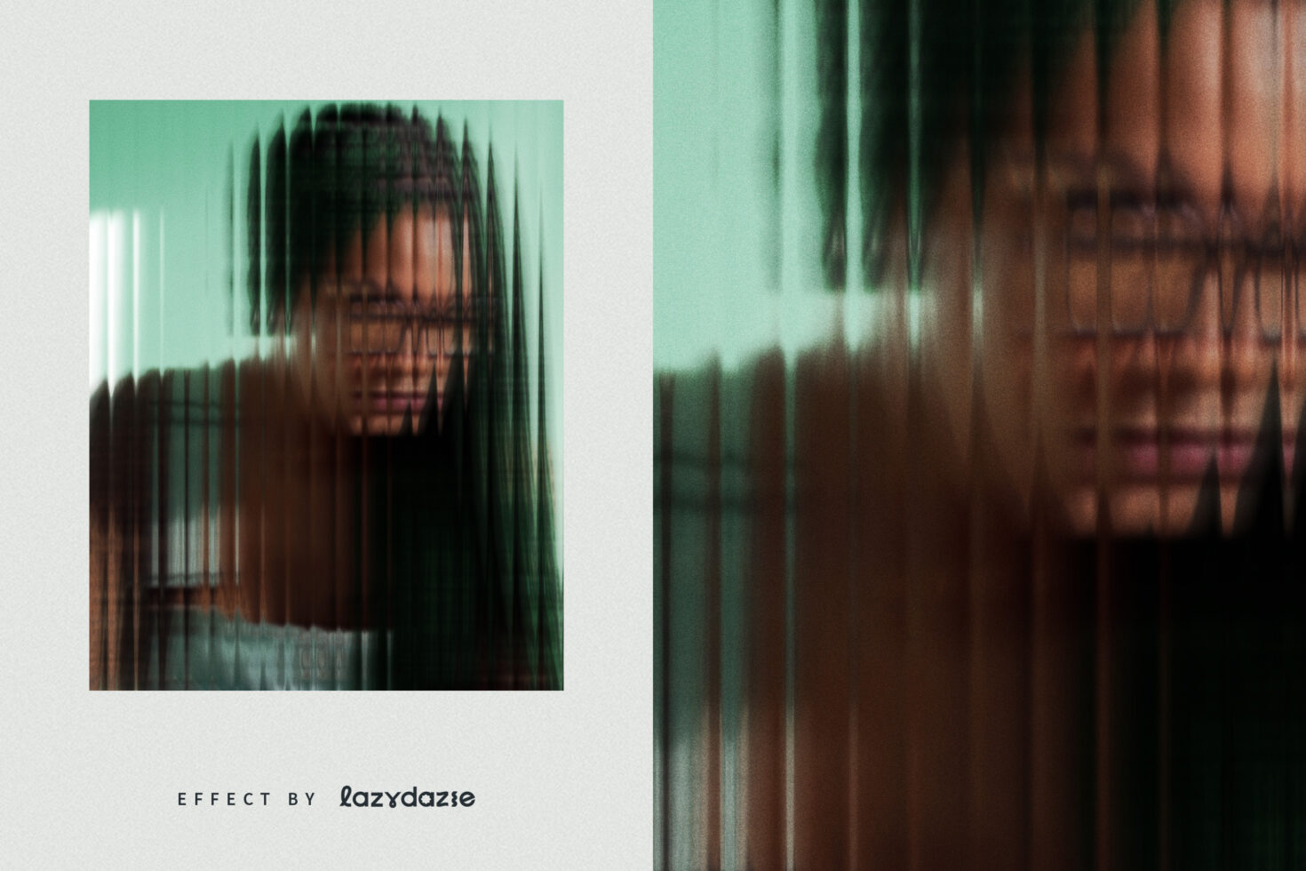 Portrait with vertical line scan distortion effect on mint green background