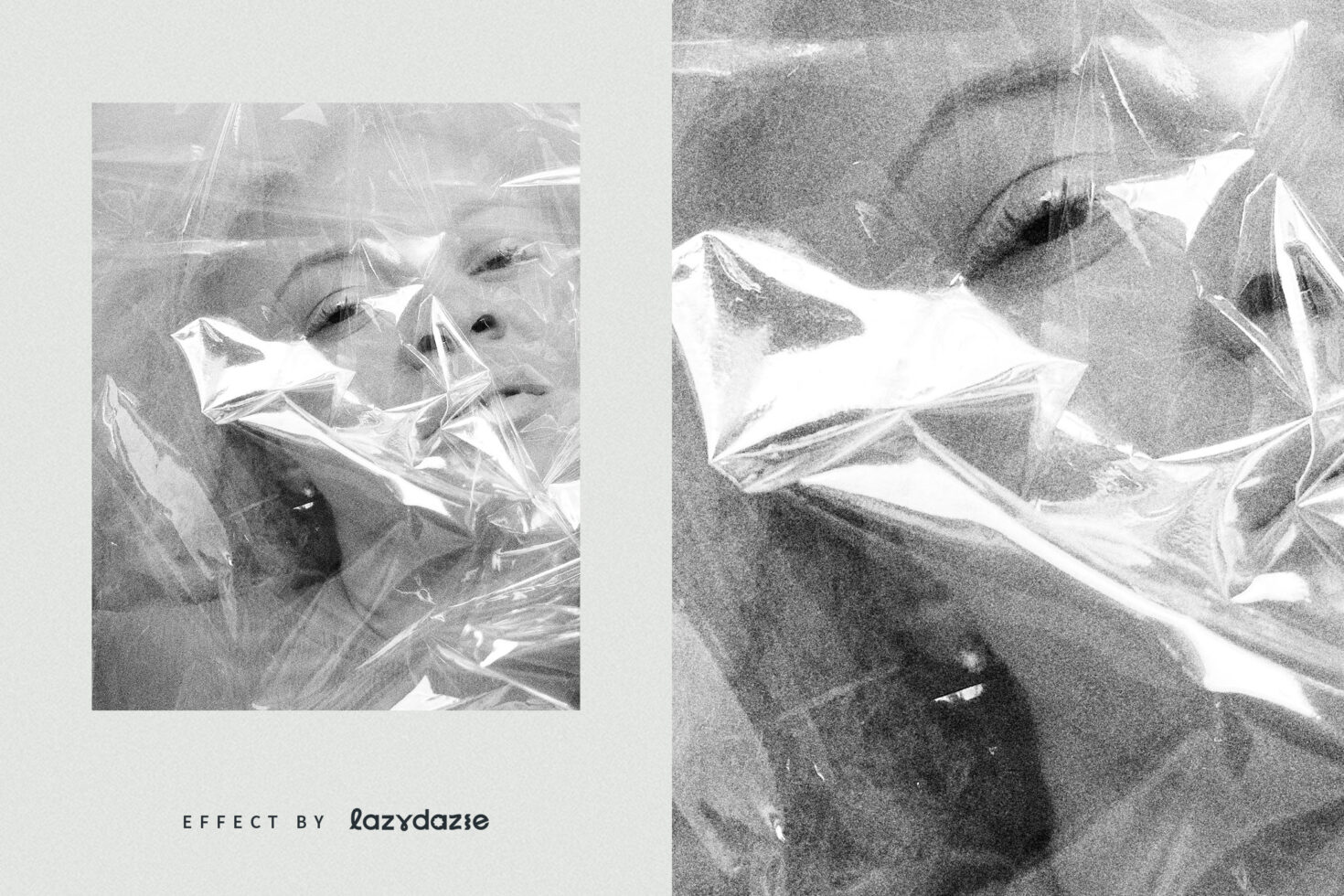 Diptych black-and-white portrait with clear plastic wrap texture overlay effect