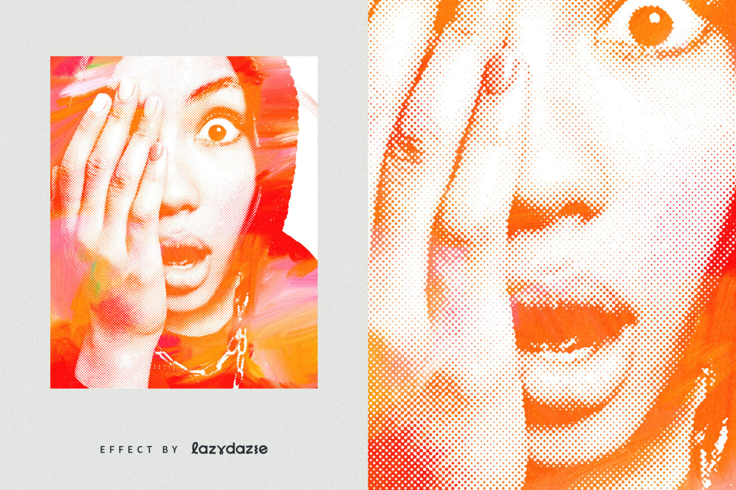 Halftone dot effect portraits of person showing orange color separation technique