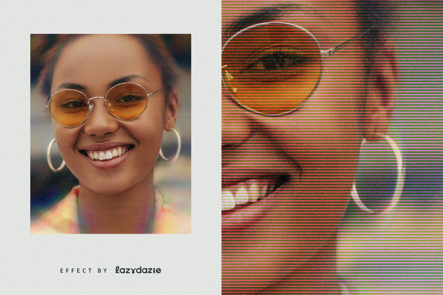 Two cropped portraits with multicolor scanline distortion creating Y2K vibe