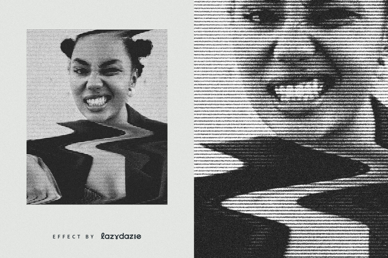 Two side-by-side images of people's silhouettes broken into horizontal line patterns