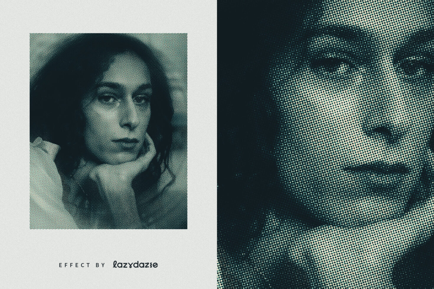 Woman's portrait in cyan halftone dots dissolving into scattered pixels