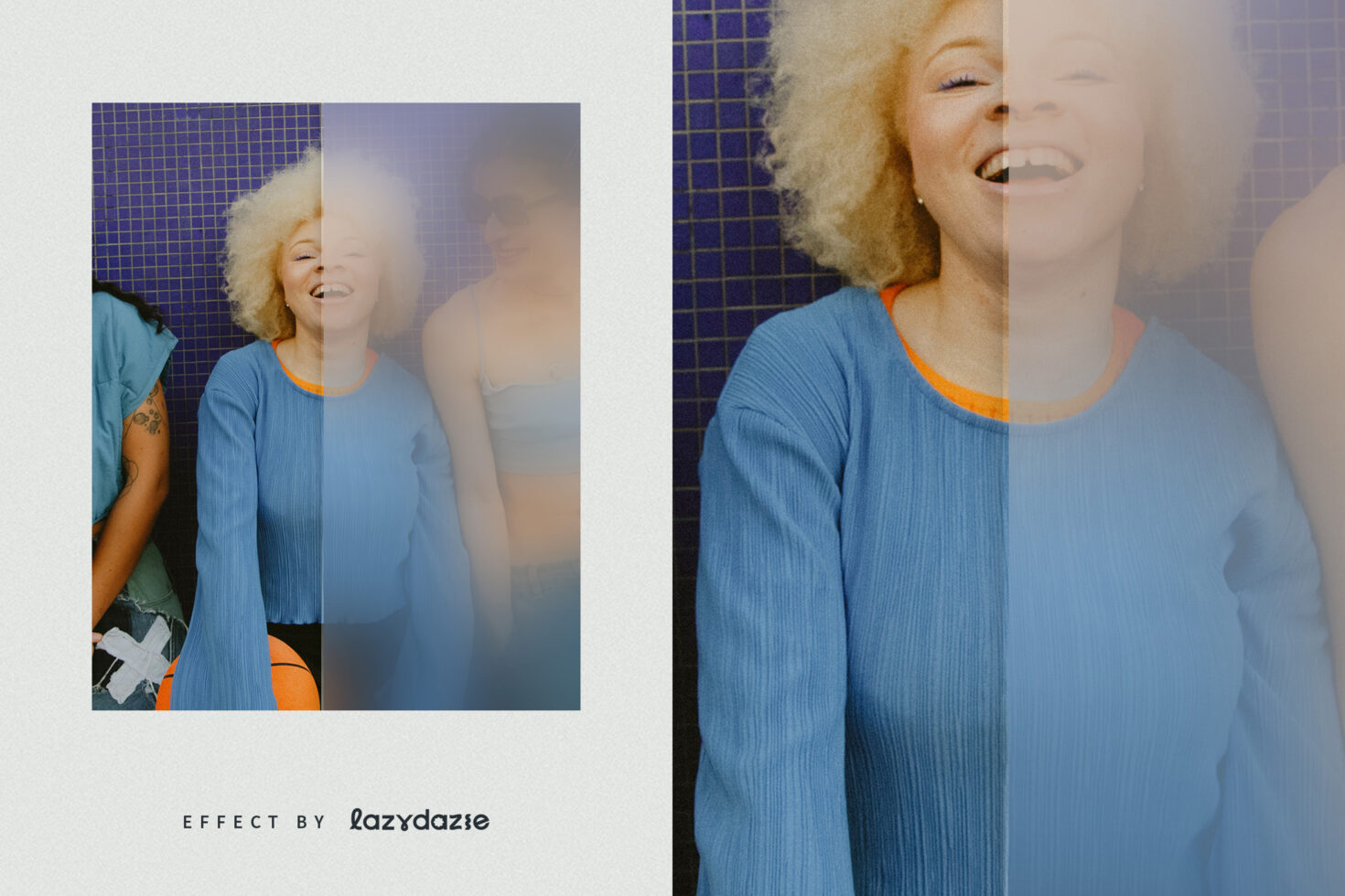 Split layout showing woman smiling with grid overlay fading to blurred side
