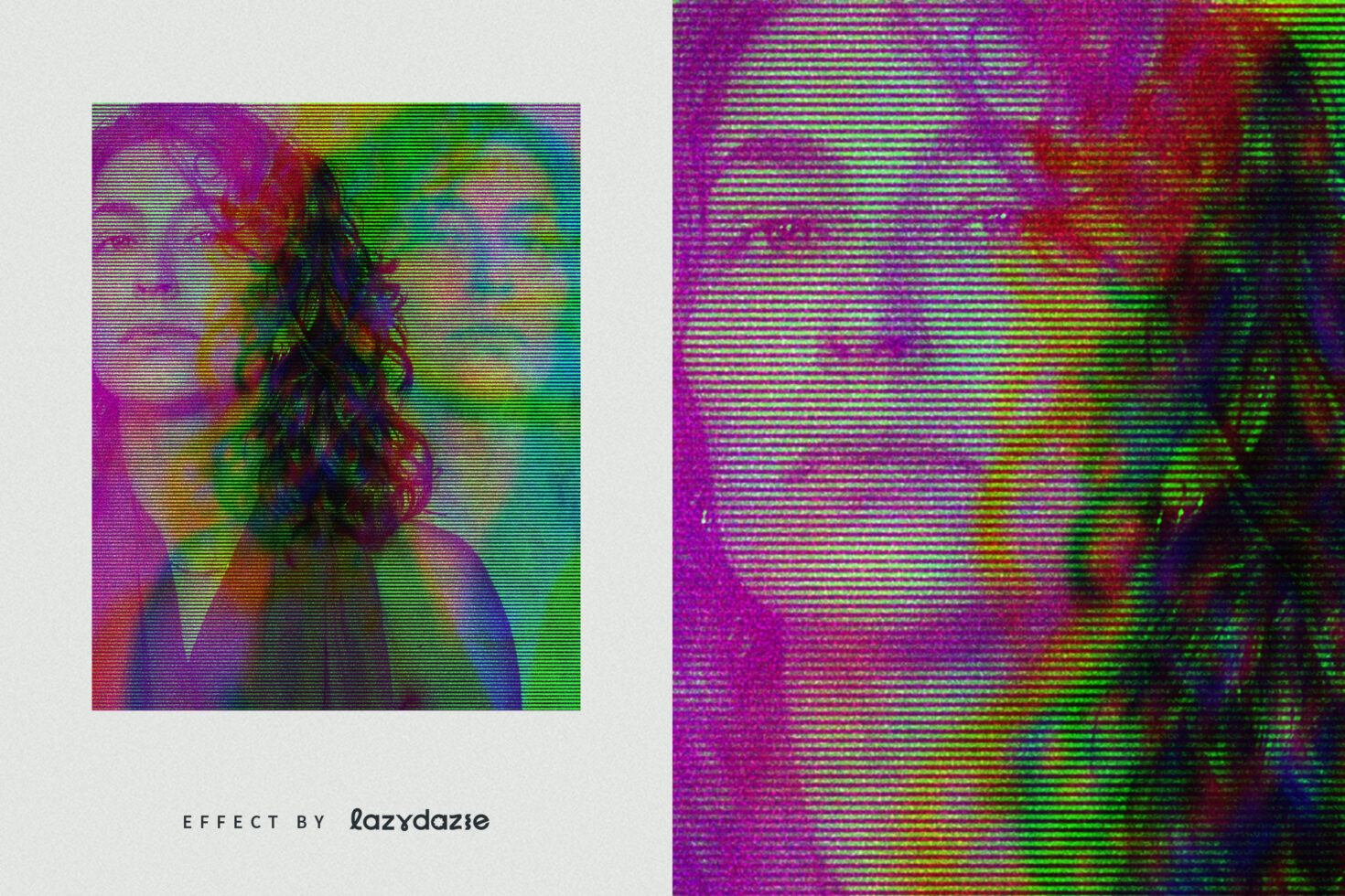 Two portraits with horizontal scan lines in rainbow neon colors