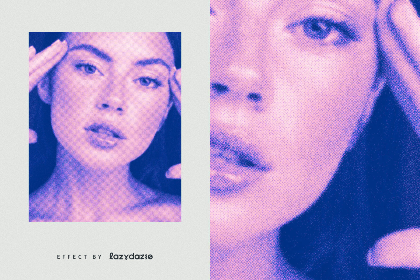 Woman's portrait in halftone dots with pink, blue color split