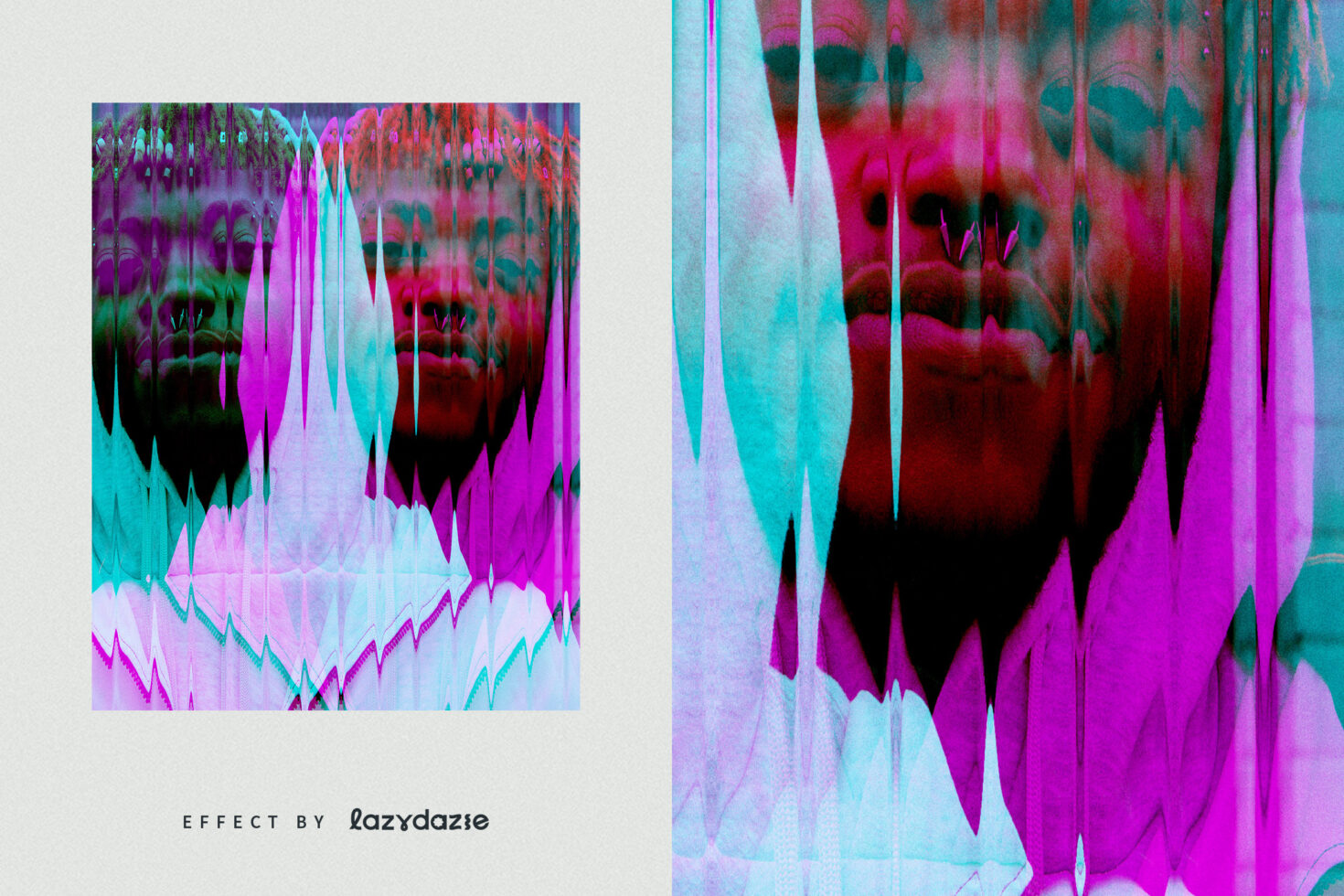 Colorful glitch art with distorted faces neon magenta cyan pink digital effect