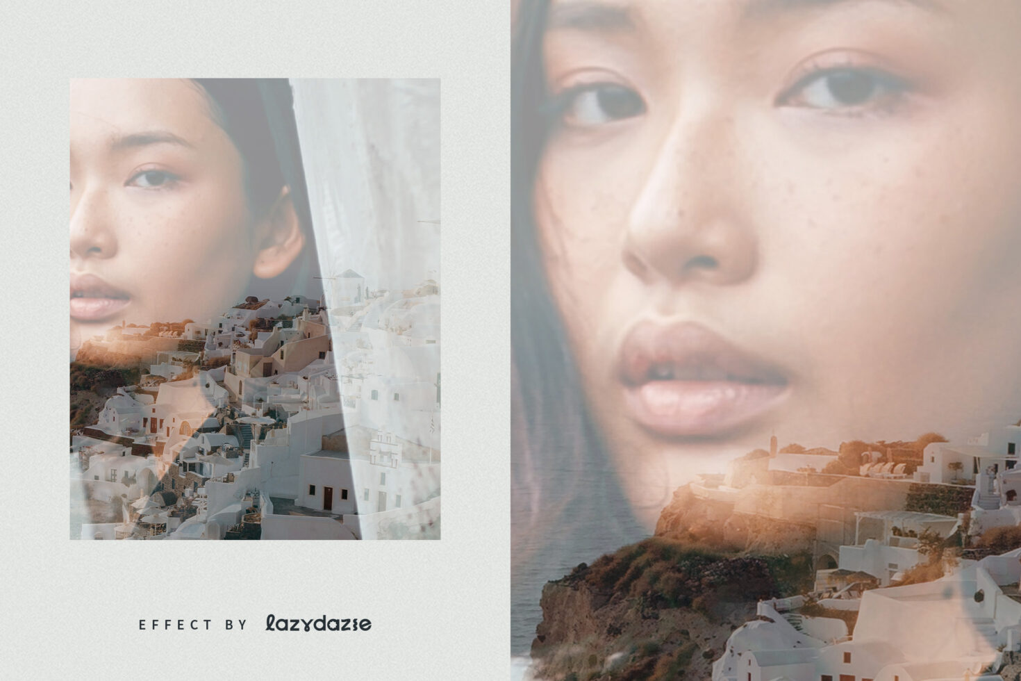 Split layout mockup blending woman's face with Mediterranean hillside village