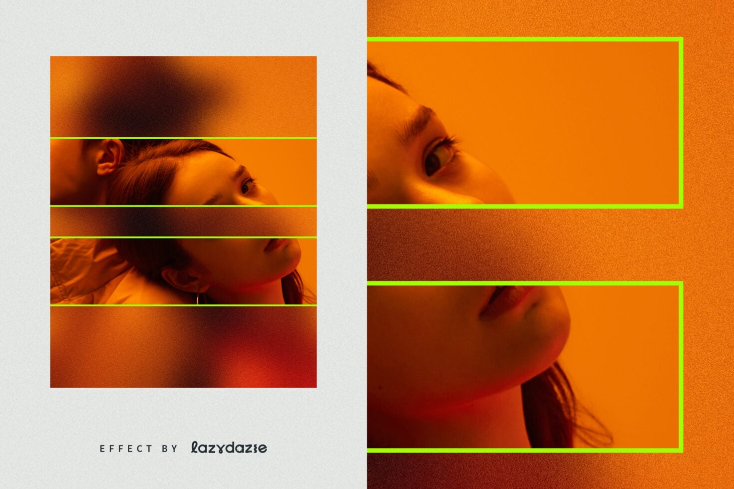 Portrait split layout with neon frame strips on orange