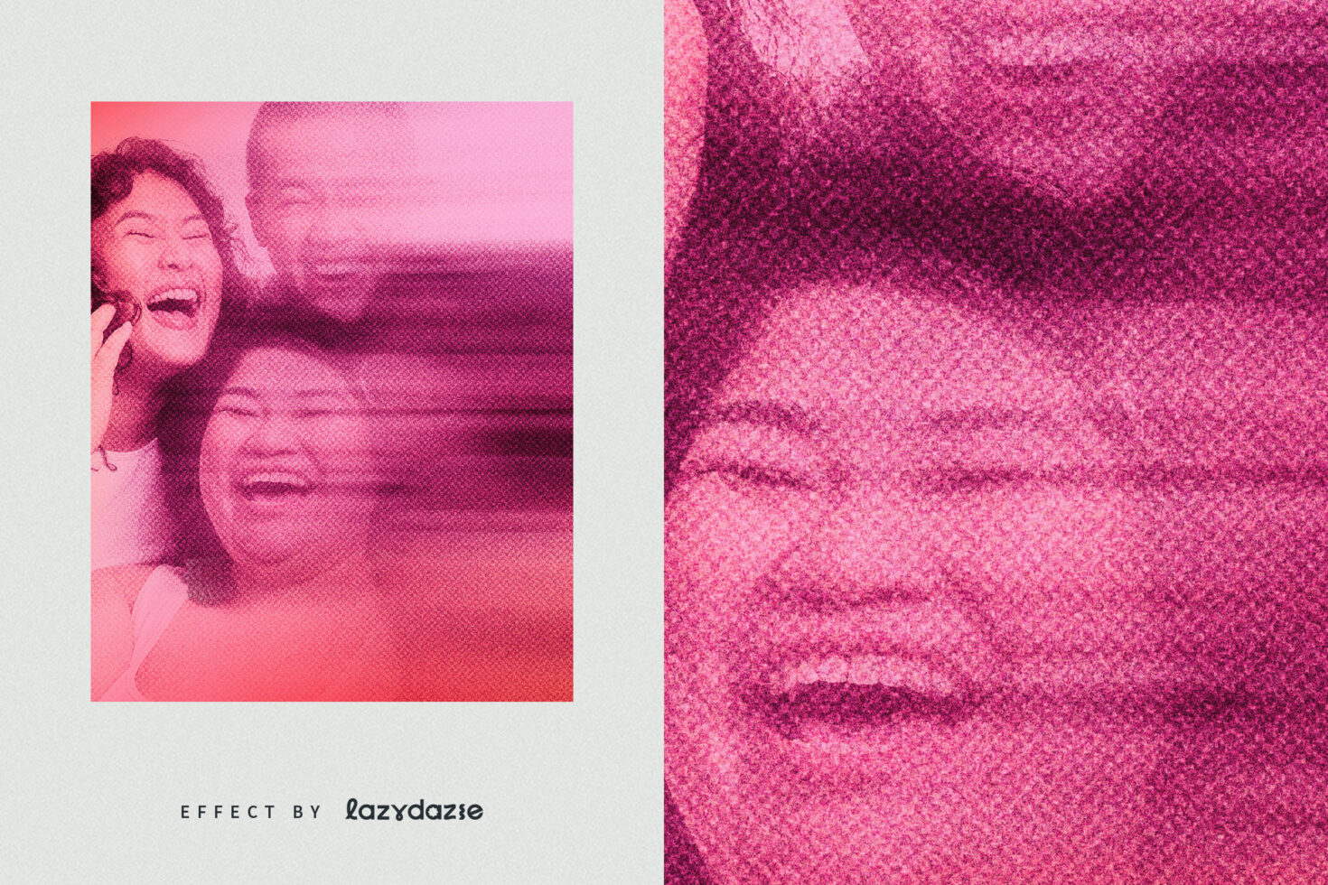 Two people laughing with intense pink halftone grain texture covering entire composition