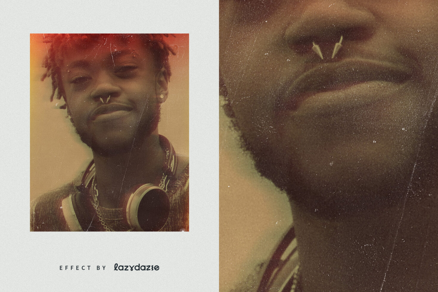 Man wearing headphones split into warm orange tones with grainy film effect