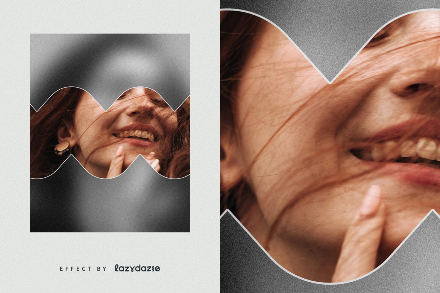 Man's smiling face shown twice with wavy cutout frames on gray backdrop close-up
