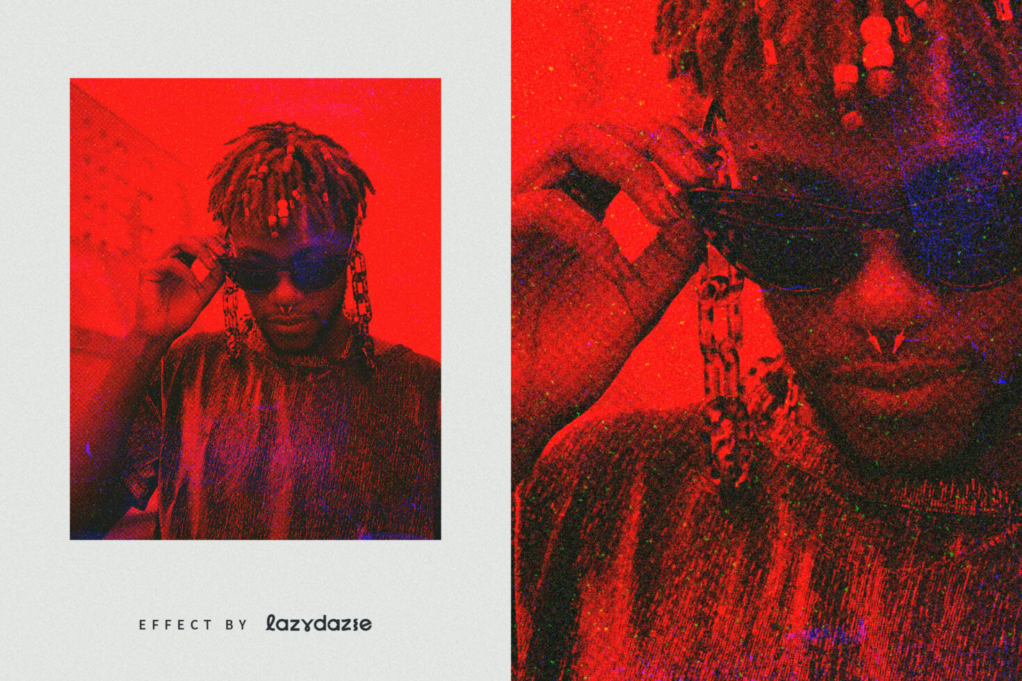 Two portraits of person with dreadlocks sunglasses applying neon red color overlay effect