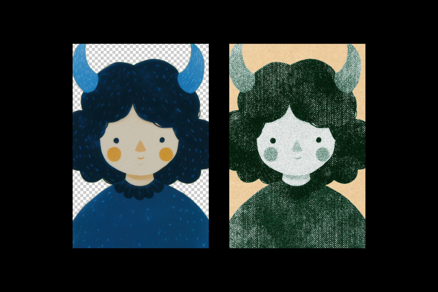 Two illustrated demon characters with horns, textured fill one blue one green