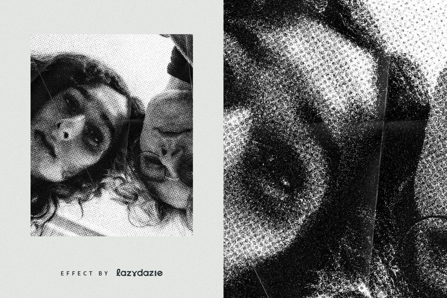 Grainy halftone portrait split with dispersed particle effect overlay