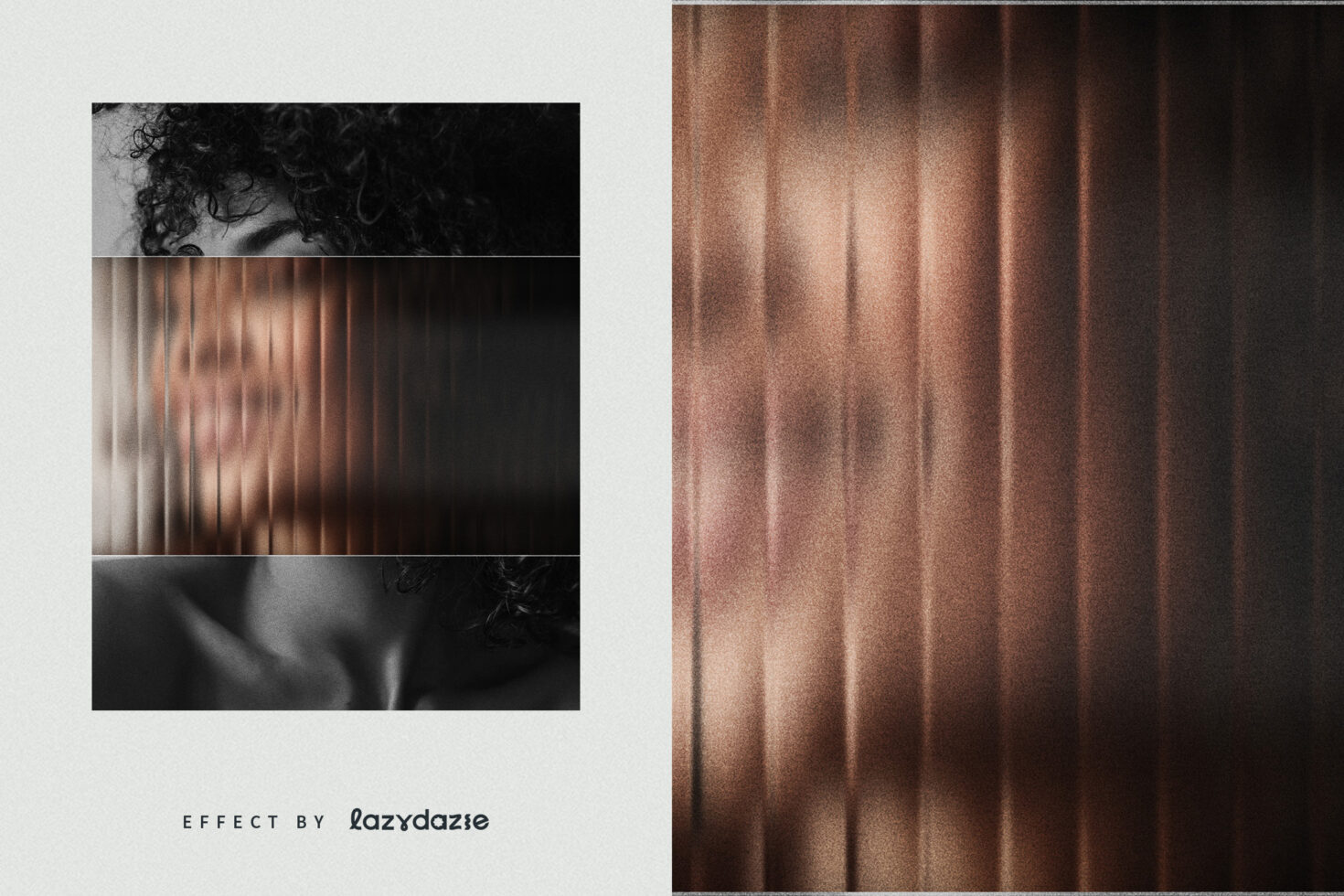 Stacked layers portrait mockup with vertical line distortion effect fade