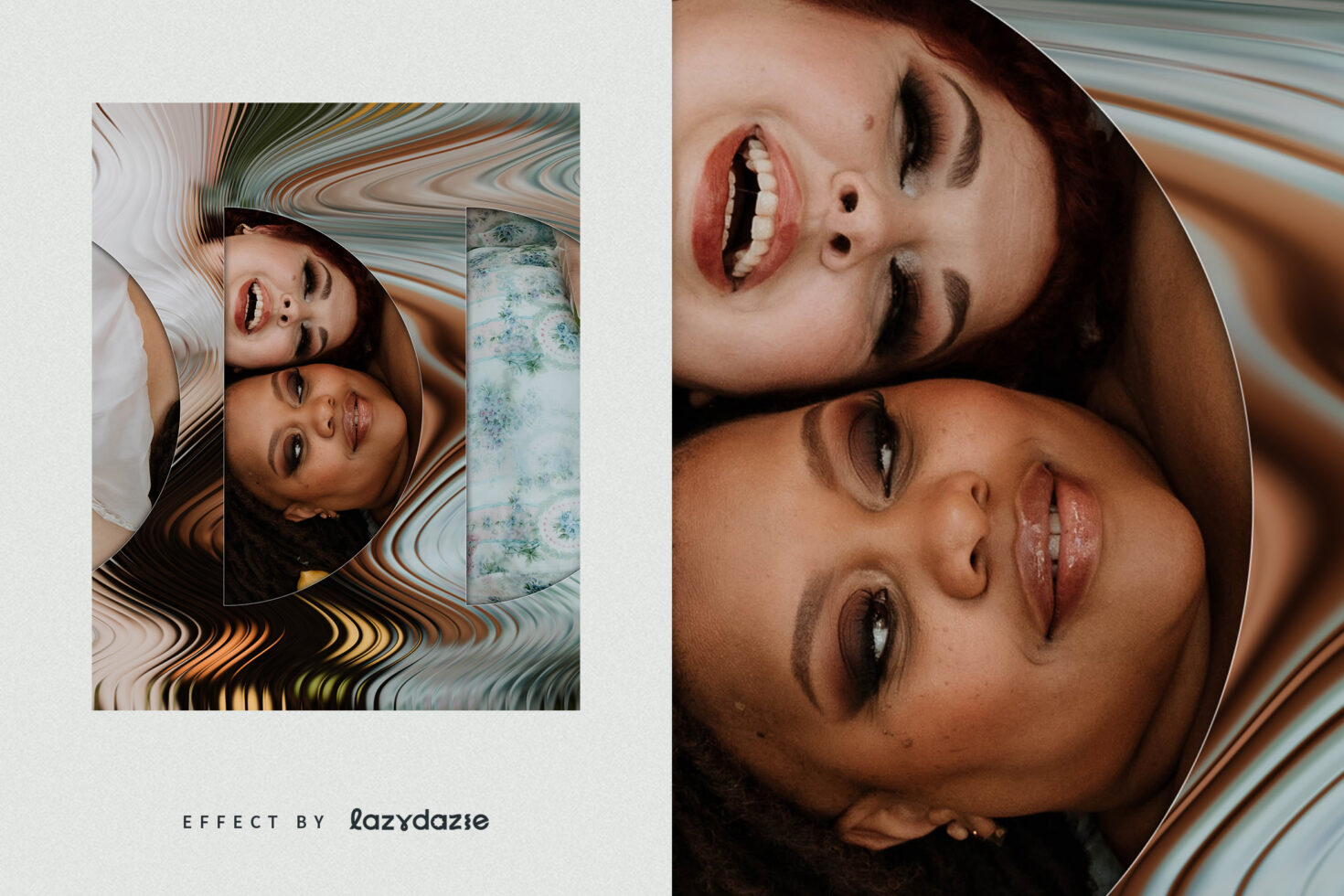 Close up portrait with liquid marble wavy distortion effect split layout shown