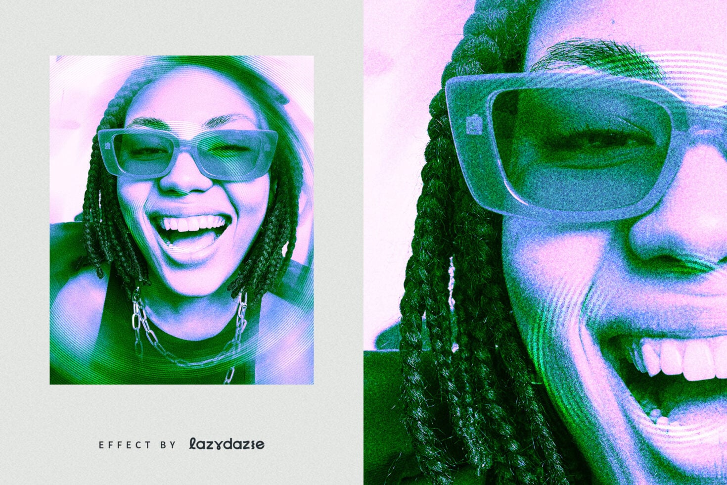 Dual portrait with green pink blue neon glitch vaporwave aesthetic effect