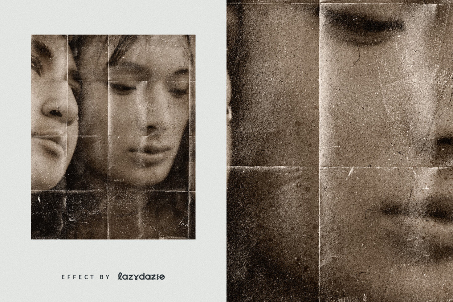 Fragmented vintage tile layouts of contemplative faces with heavy noise overlay