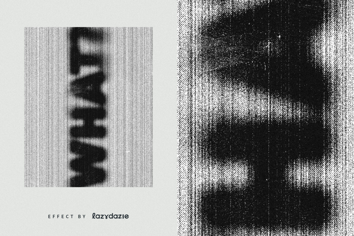 Pixelated glitch portrait with vertical scan lines, grayscale artifact texture