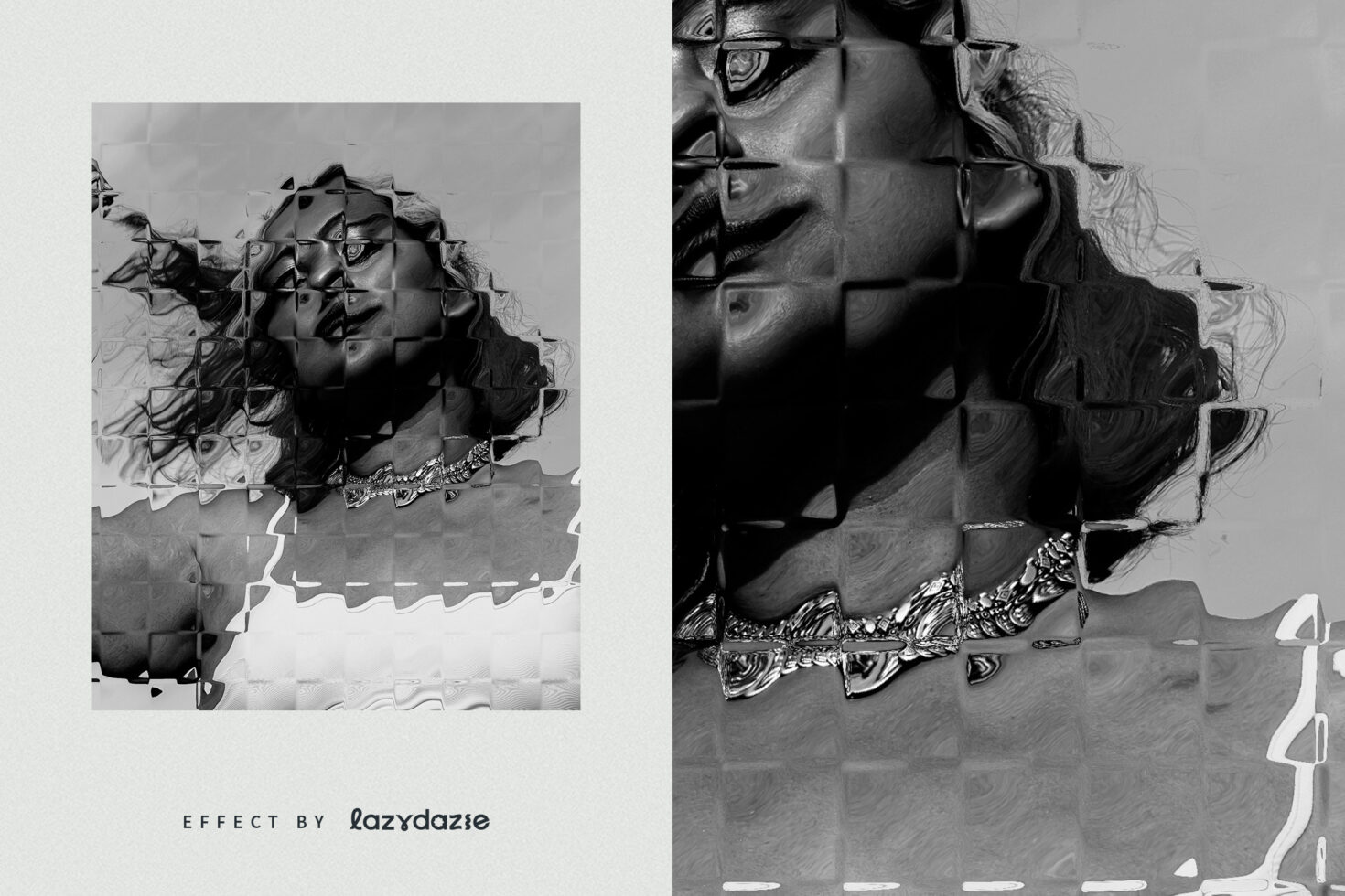 Halftone grid effect portrait split into color bright side dark monochrome