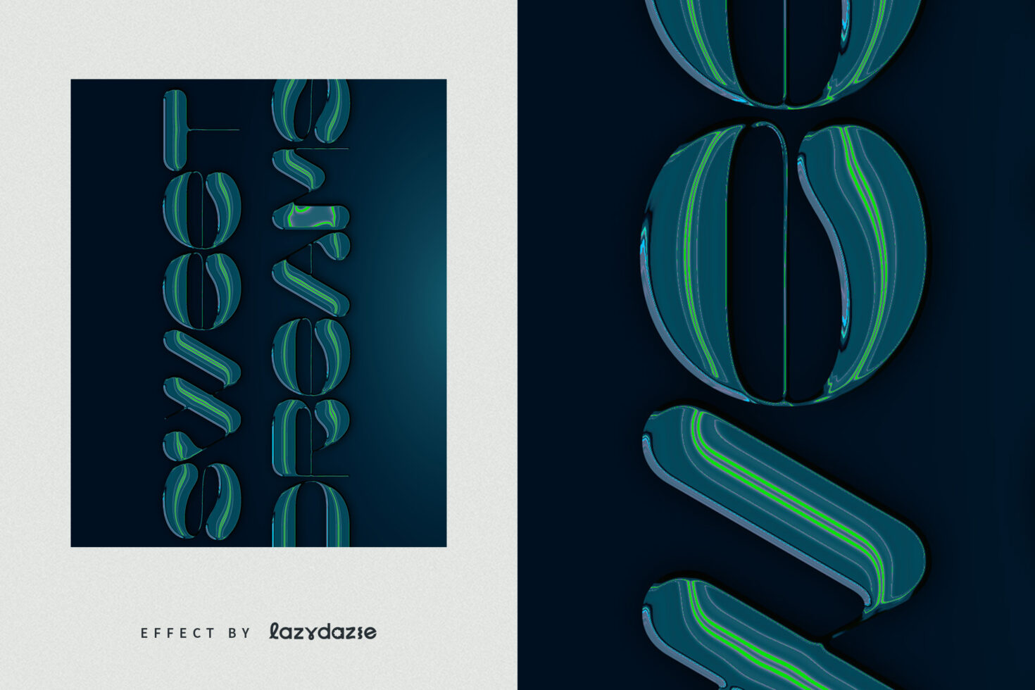 Vertical text layout with glowing teal striped 3D lettering on dark blue