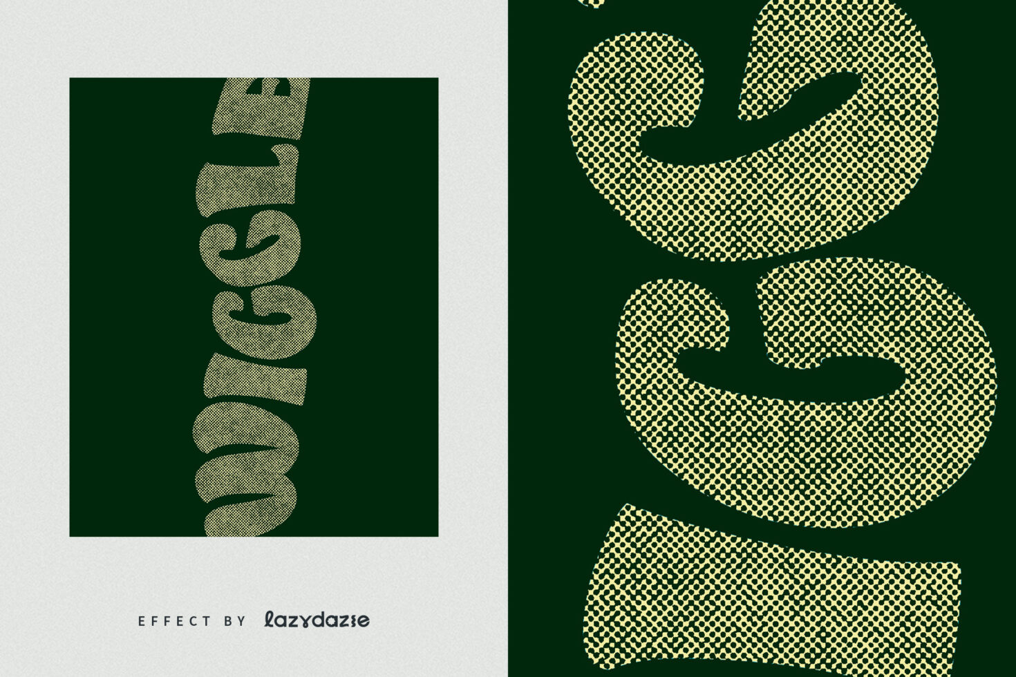 Vertical text with halftone dot pattern on forest green background