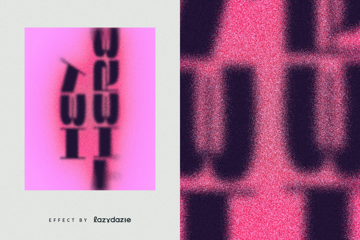 Pixelated typeface on magenta background split with grainy pattern texture