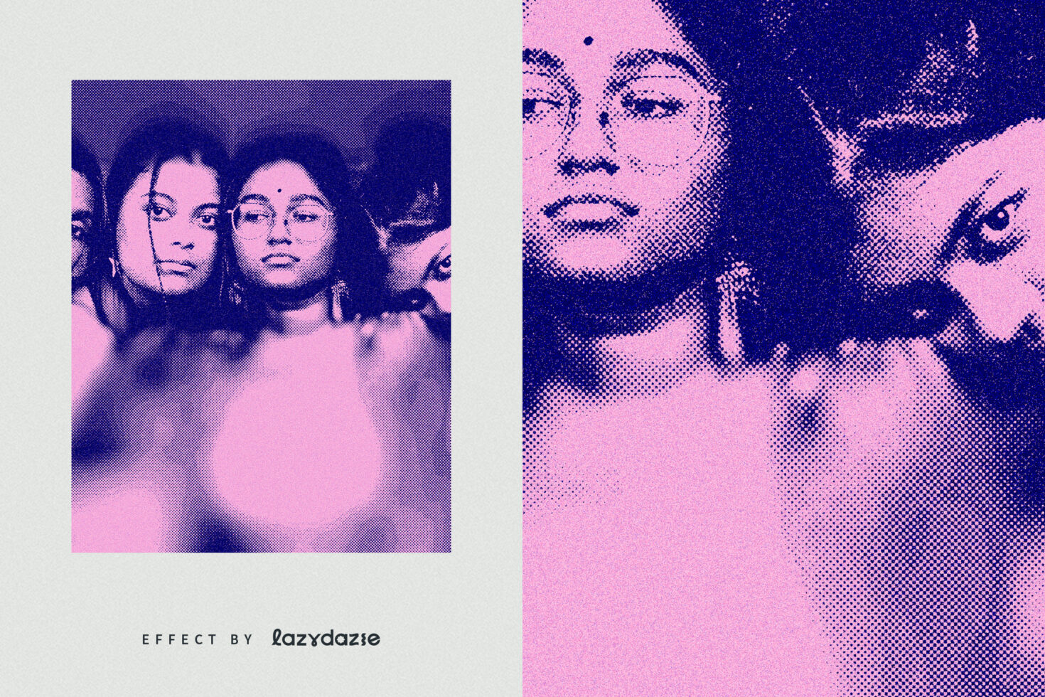 Two halves split portrait, navy pink duotone halftone style with pixelated texture