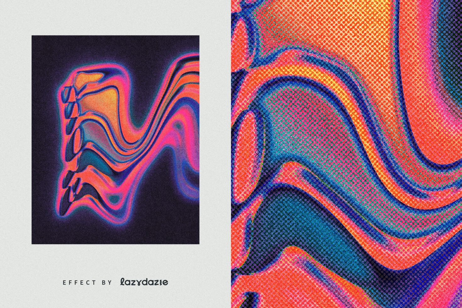 Wavy abstract shape in neon coral blue with halftone texture detail