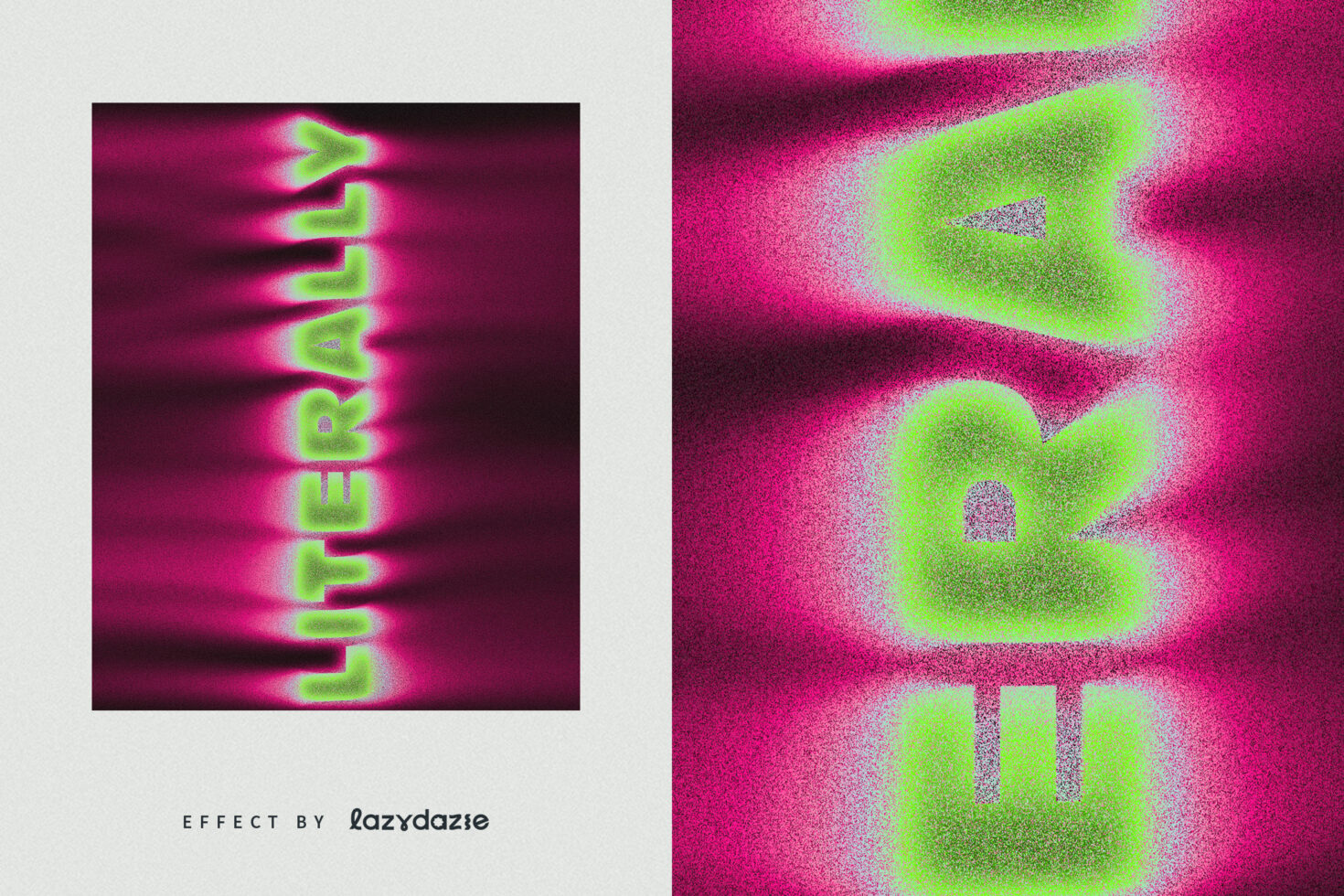 Neon lime text with magenta glow, pixelated grainy edges on dark background
