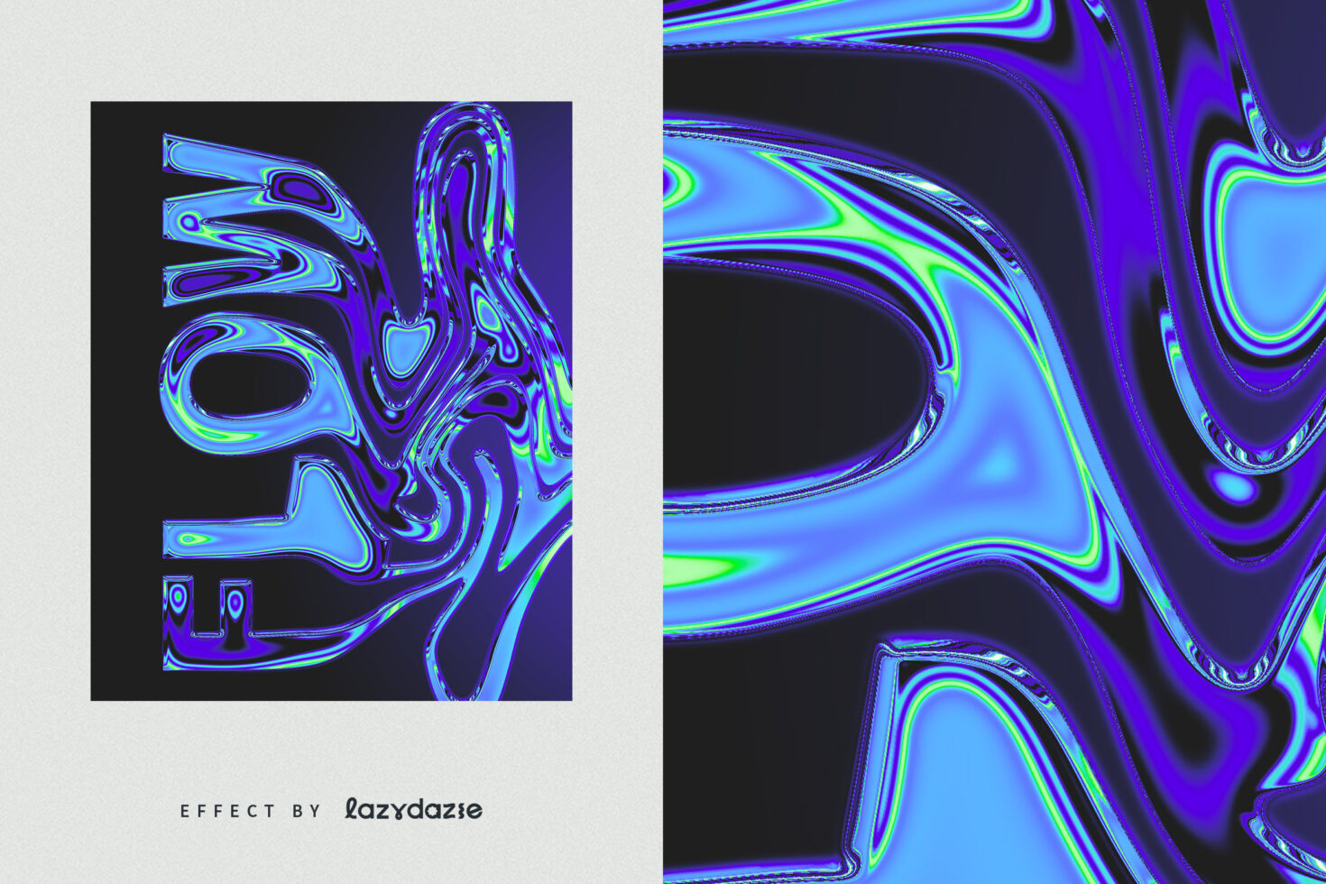 Liquid chrome letters split view showing holographic distortion in purple blue