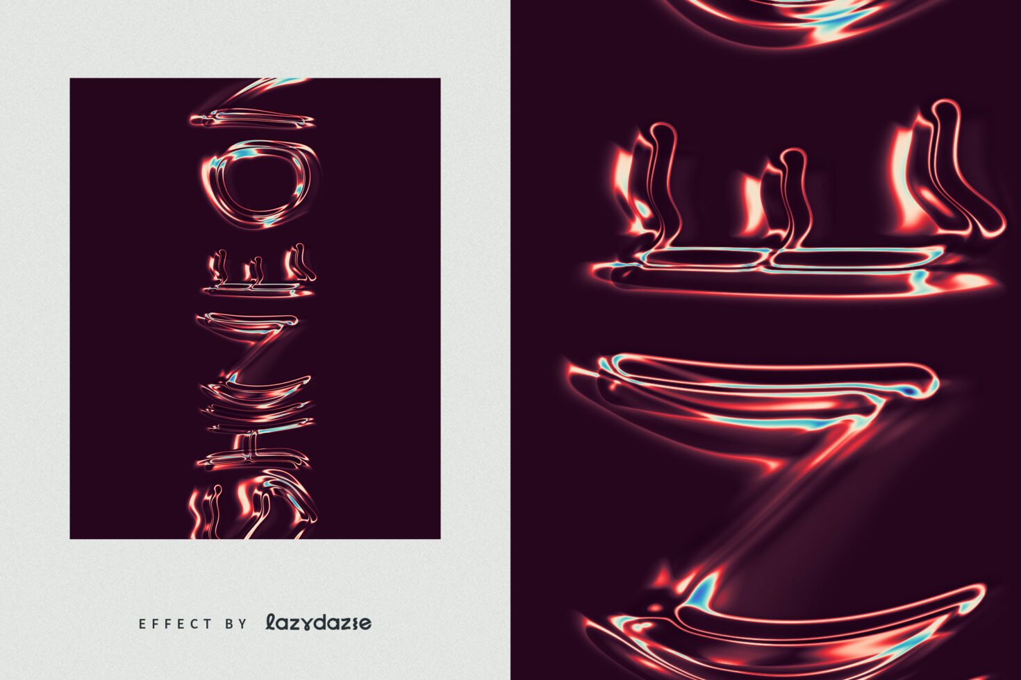 Neon chrome liquid font showing individual letters with vibrant glow effects