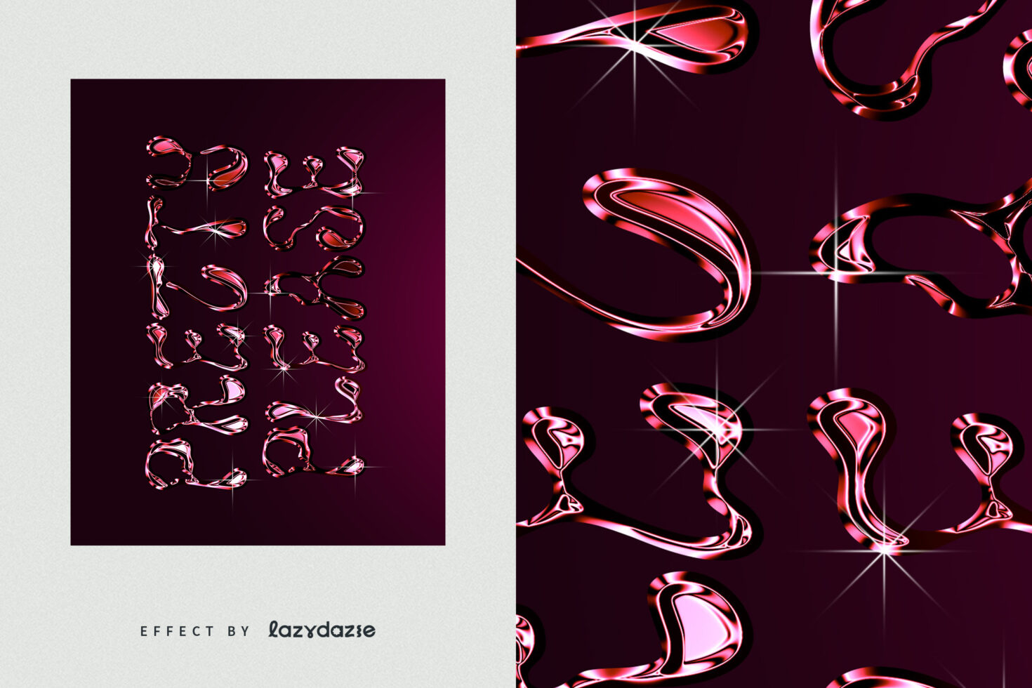 Liquid chrome alphabet grid with shiny pink, red, gold drips on dark purple